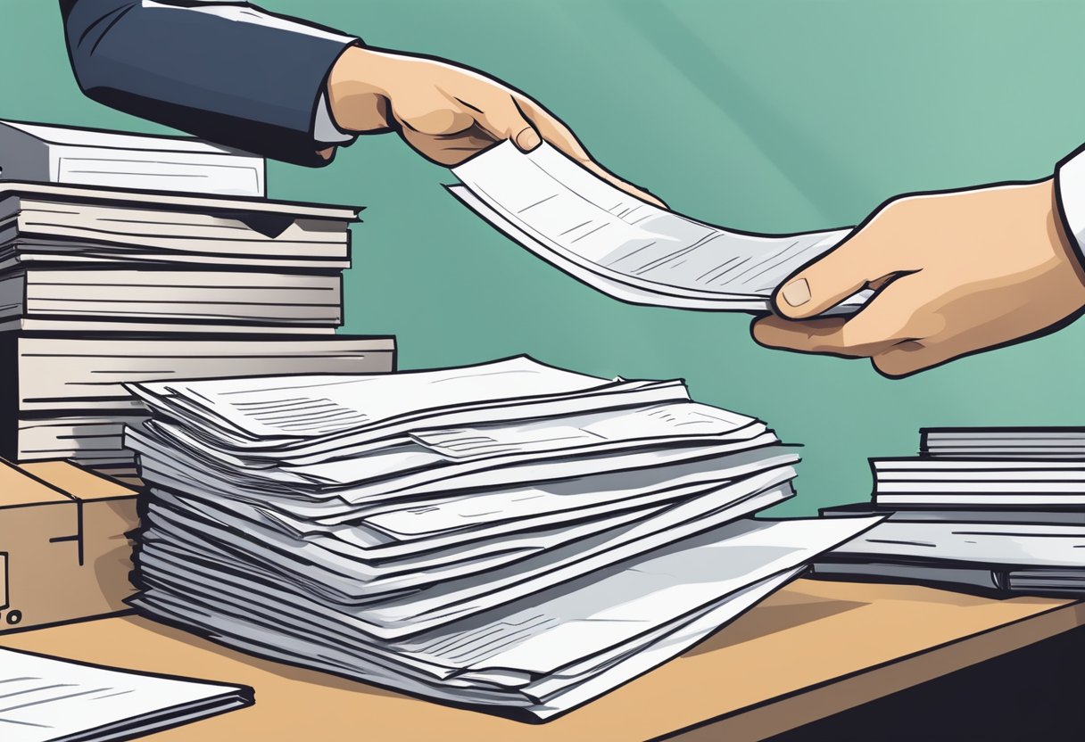 A hand reaches for a stack of documents on a desk, ready for delivery. The address "2710 Gateway Oaks Drive Suite 150N Sacramento, CA 95833" is visible on the package
