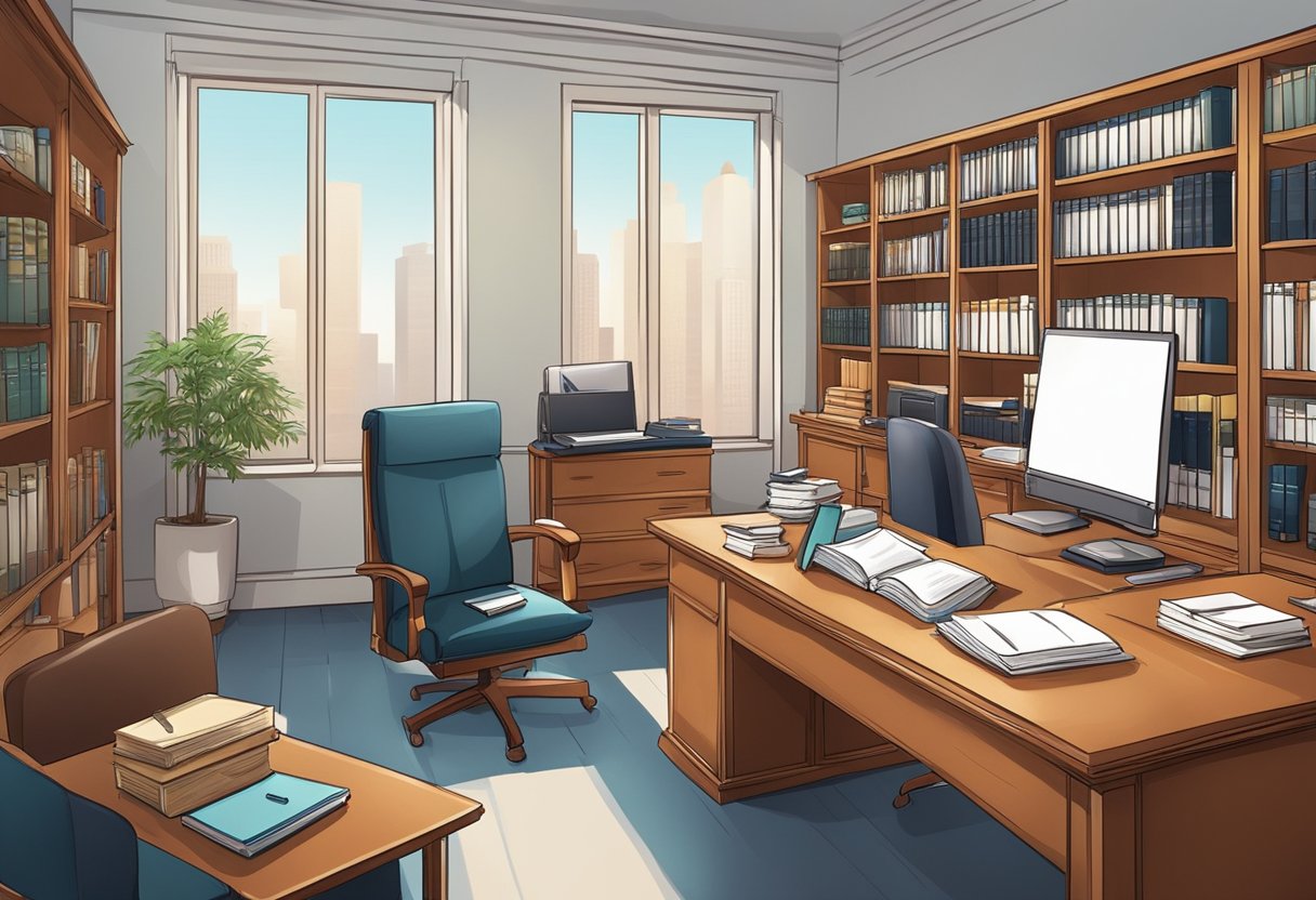 A lawyer's office with a desk, computer, and shelves of legal books. A client consultation area with comfortable seating. Busy staff assisting clients