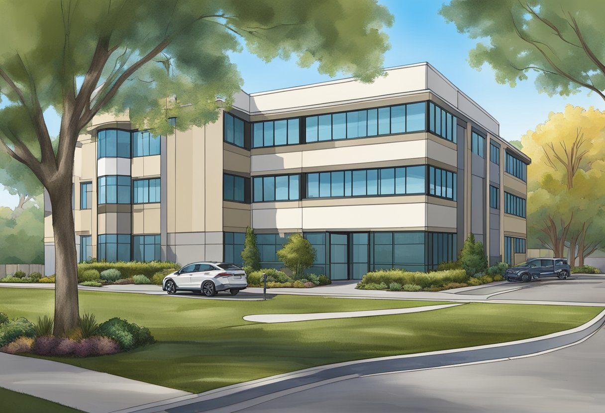 The scene depicts a modern office building at 2710 Gateway Oaks Dr in Sacramento, CA. The building is easily accessible and surrounded by well-maintained landscaping