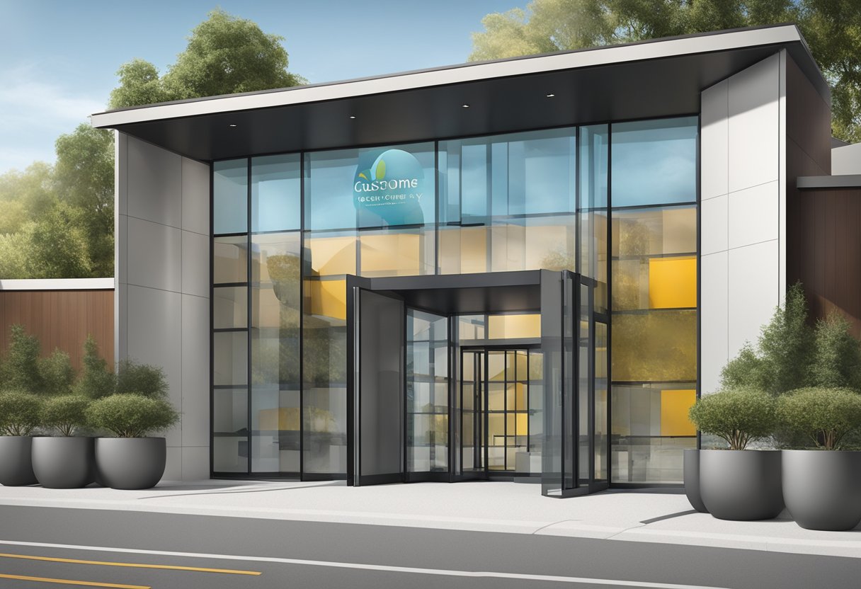 A welcoming entrance with a modern glass facade and a sleek logo at Customer Experience 2710 Gateway Oaks Dr Sacramento CA 95833
