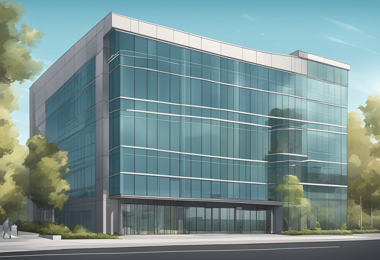 A modern office building with glass windows and a prominent address sign: "Frequently Asked Questions 2710 gateway oaks dr sacramento ca 95833"