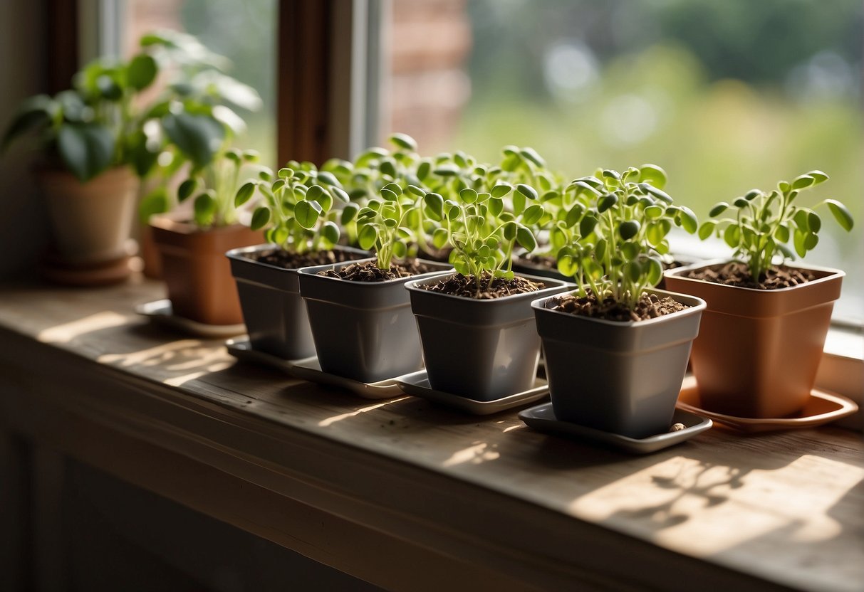 Seeds sprouting in small containers on a sunny windowsill.