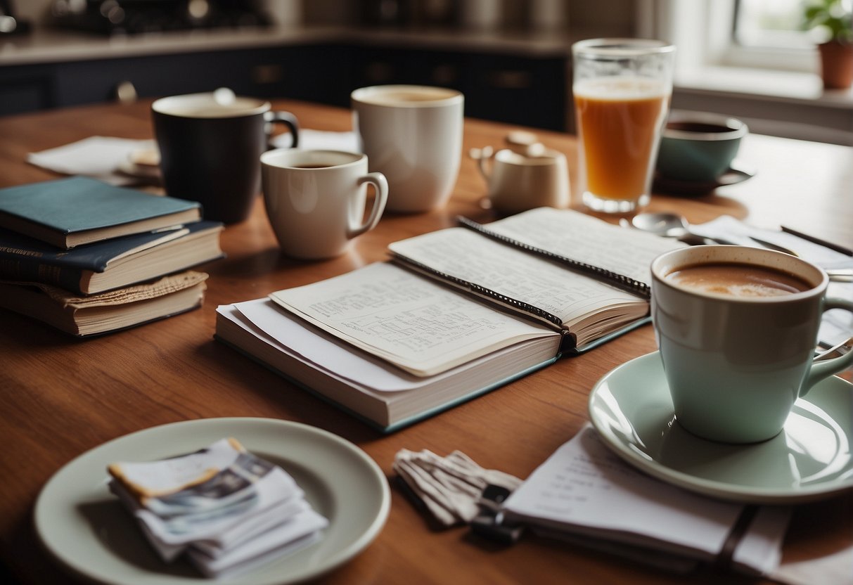 A cluttered kitchen table with scattered parenting books, a spilled cup of coffee, and a frazzled parent's to-do list