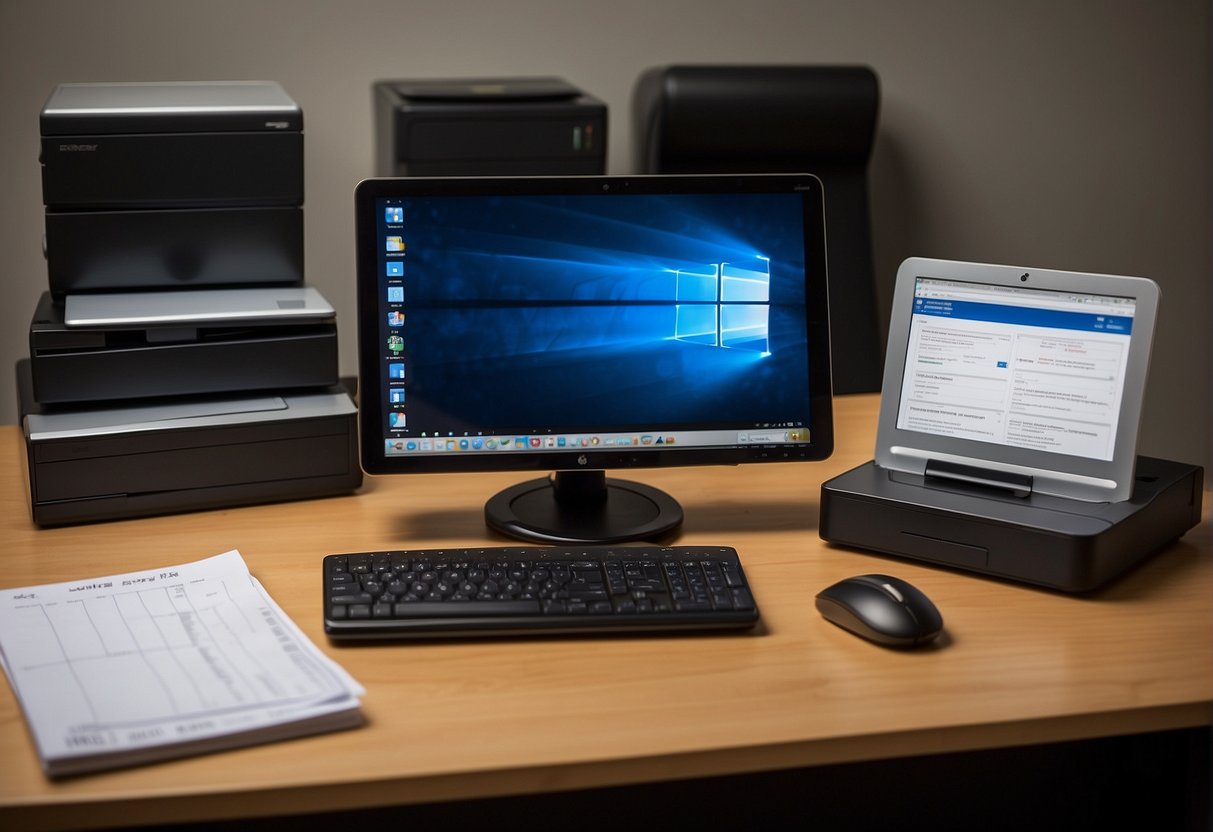 An office desk with a computer, printer, and documents related to professional use of jack in the box proposals, xait, and technical memos for bids