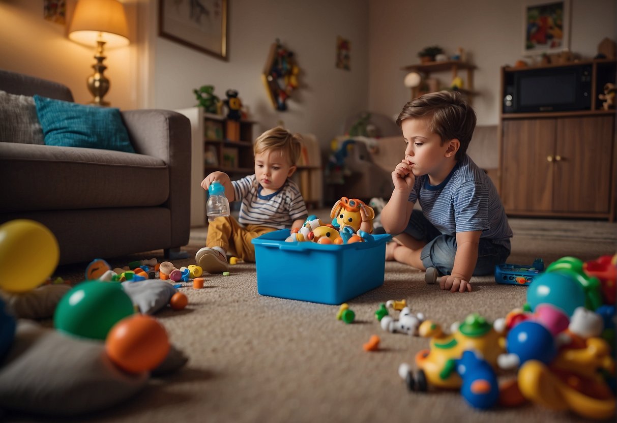 A chaotic living room with scattered toys and a spilled drink, while a tired parent sits on the couch with a look of frustration on their face
