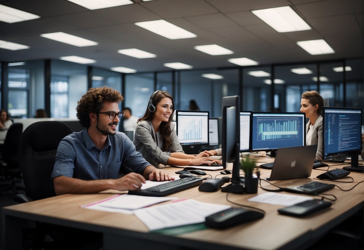 A bustling office with employees creating and managing commercial proposals using proposal studio, Xait, and handling calls for tenders and technical documents