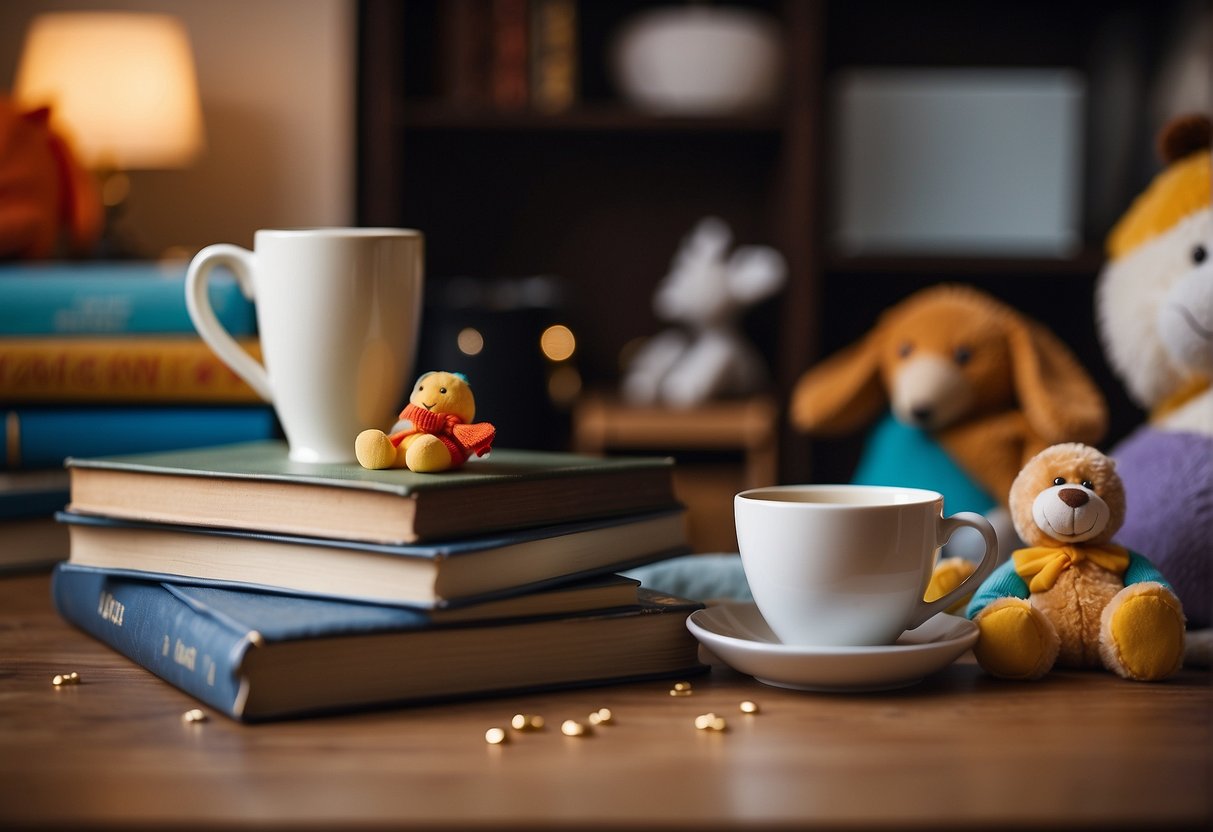 A stack of parenting books surrounded by scattered toys and a spilled cup of coffee reveal the myth of perfect parenting.  