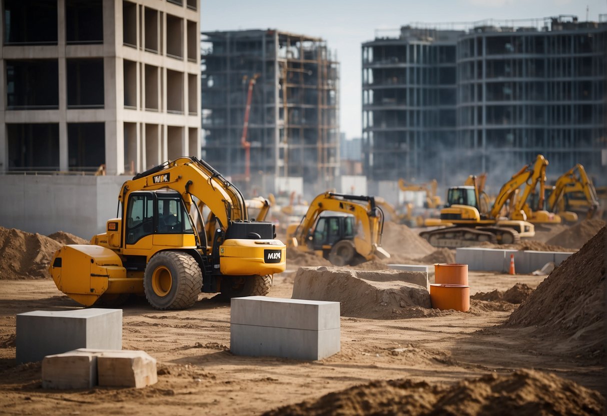 A busy construction site with various companies competing for contracts, submitting proposals, and preparing technical documents