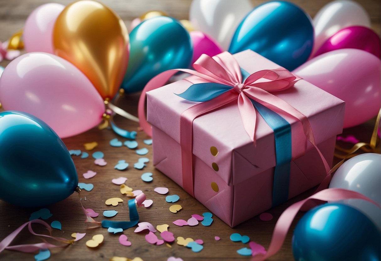 Colorful presents arranged on a table with pink and blue ribbons, surrounded by balloons and confetti