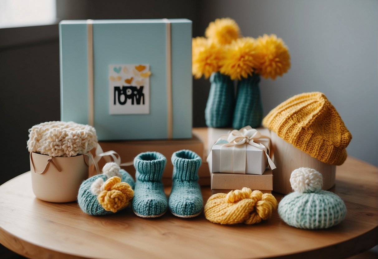 Colorful DIY gift options displayed on a table with gender-neutral decor. Handmade cards, knitted booties, and painted onesies are showcased