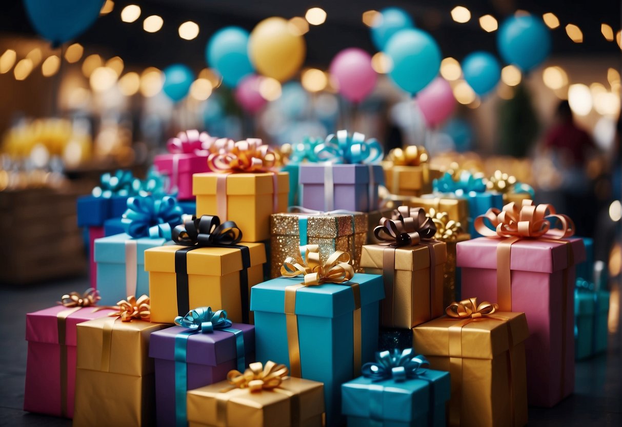 Colorful gifts displayed on a virtual marketplace, with a variety of items for a gender reveal party. Online shoppers browsing and making purchases