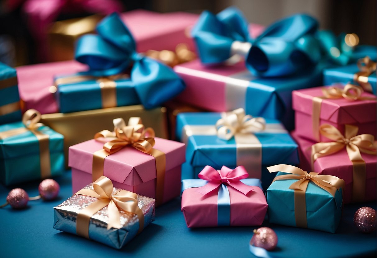 Colorful gifts arranged on a table, with blue and pink wrapping paper and ribbons, surrounded by excited guests at a gender reveal party