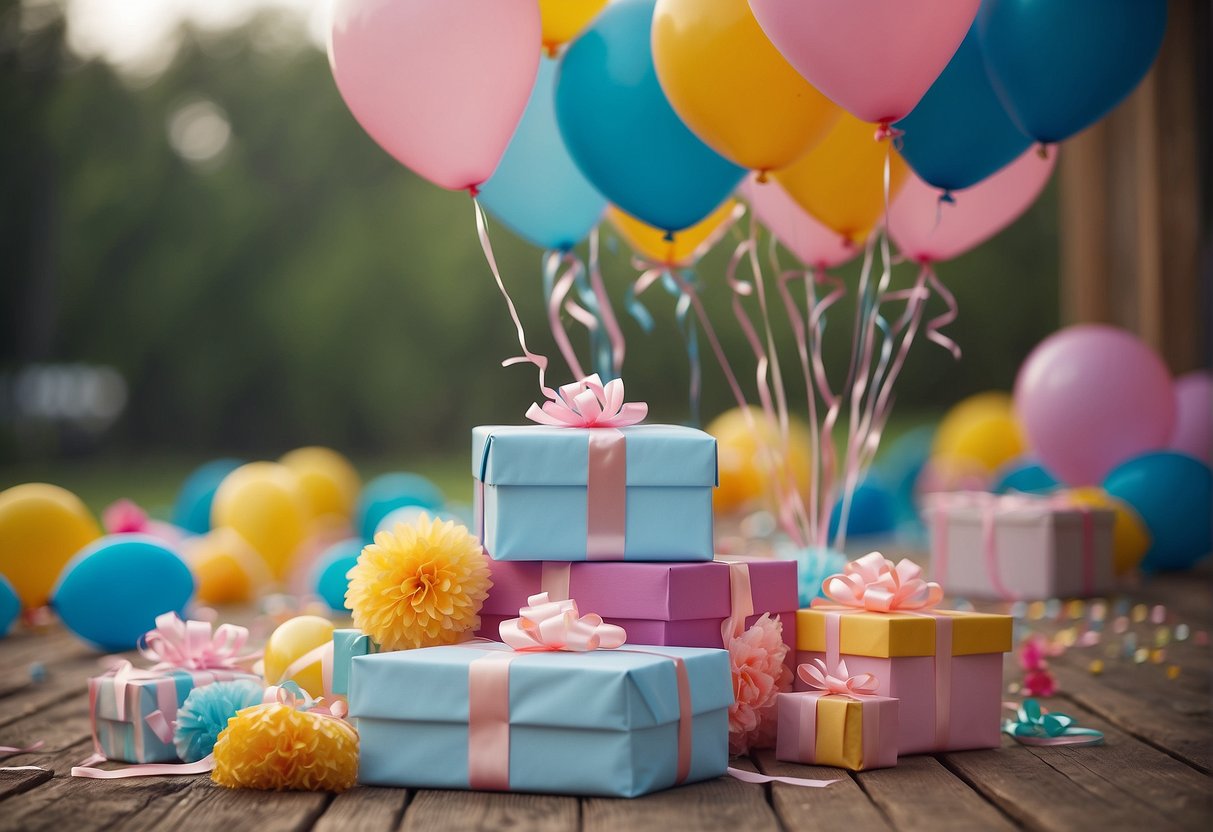 Colorful gifts arranged by price, with gender-neutral options, balloons, and confetti for a gender reveal party