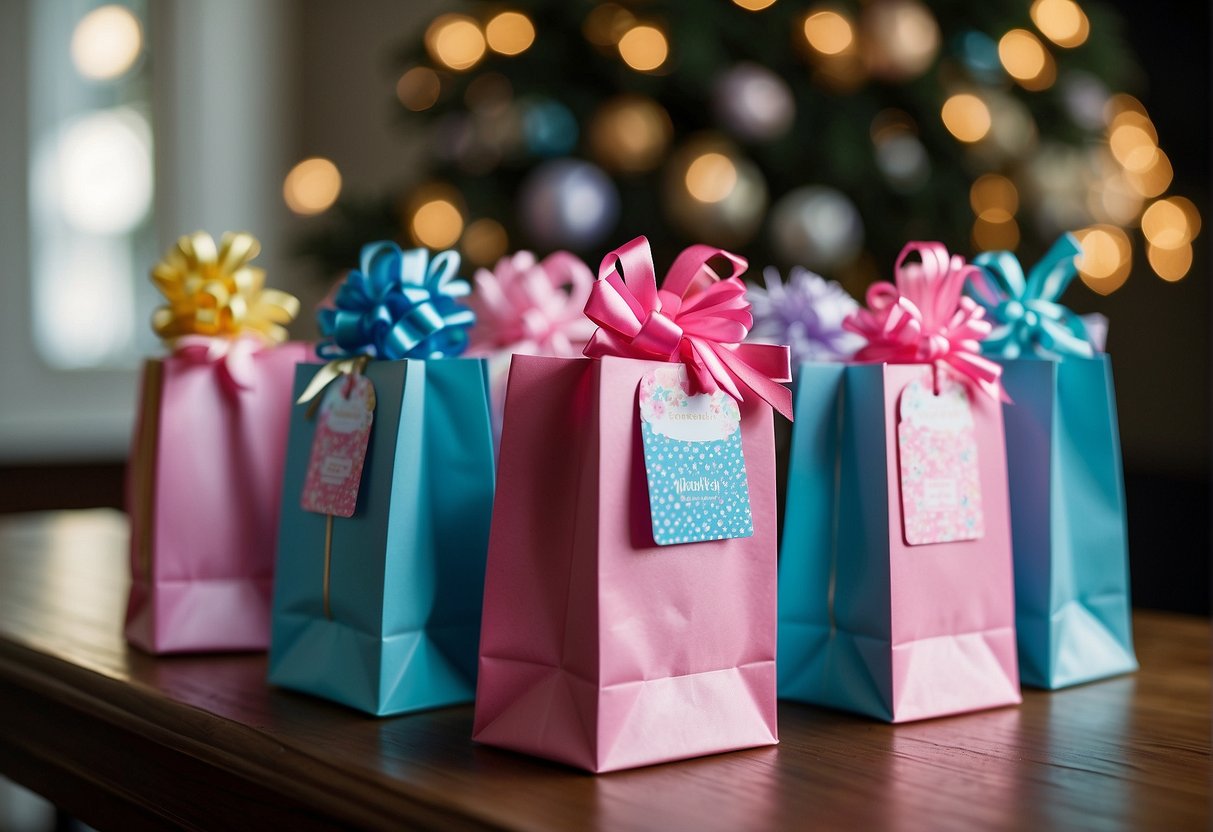 Colorful gift bags and boxes filled with gender-specific items like pink and blue onesies, bows, and toy trucks. A table displays personalized keepsakes and party favors