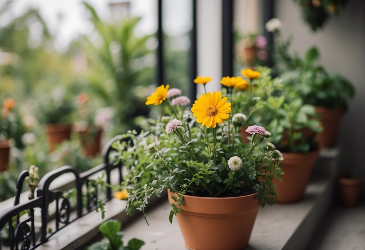 The balcony garden is filled with a variety of plants and flowers, with rough leaves, smooth petals, and prickly stems