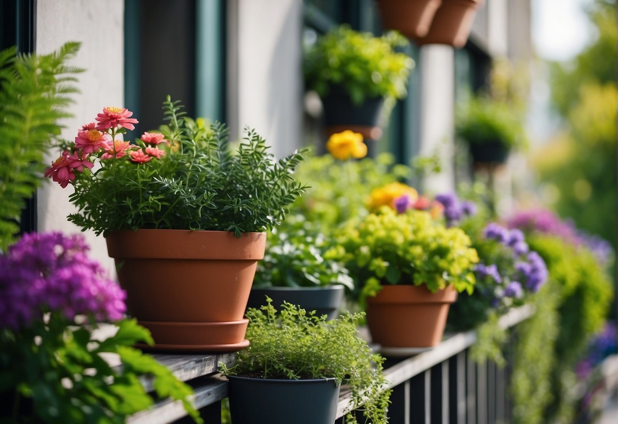 Lush green plants and colorful flowers add depth and variety to the garden. Different heights create a visually appealing and dynamic space