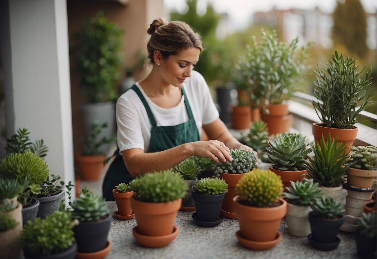 A person arranging various potted plants on a balcony, creating a textured and vibrant garden display
