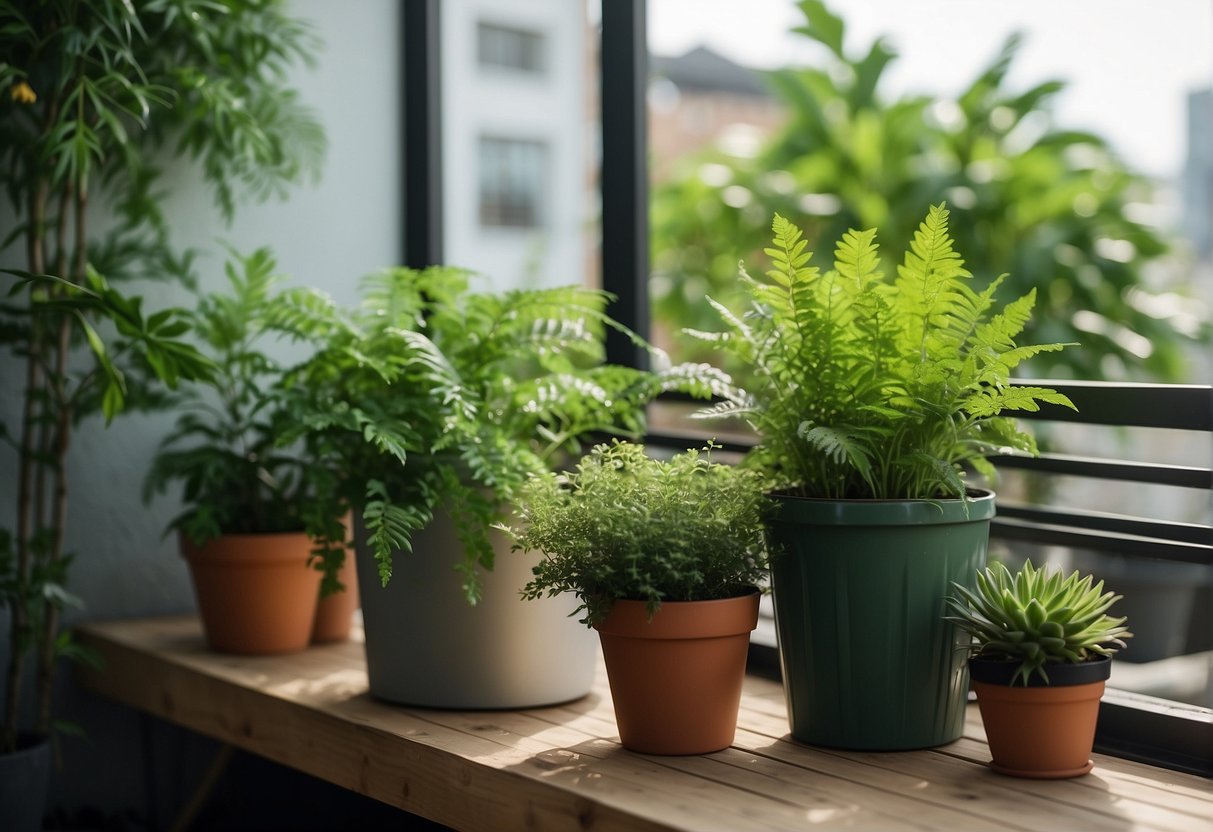 Lush green plants in various containers line a balcony, adding depth to the small outdoor space