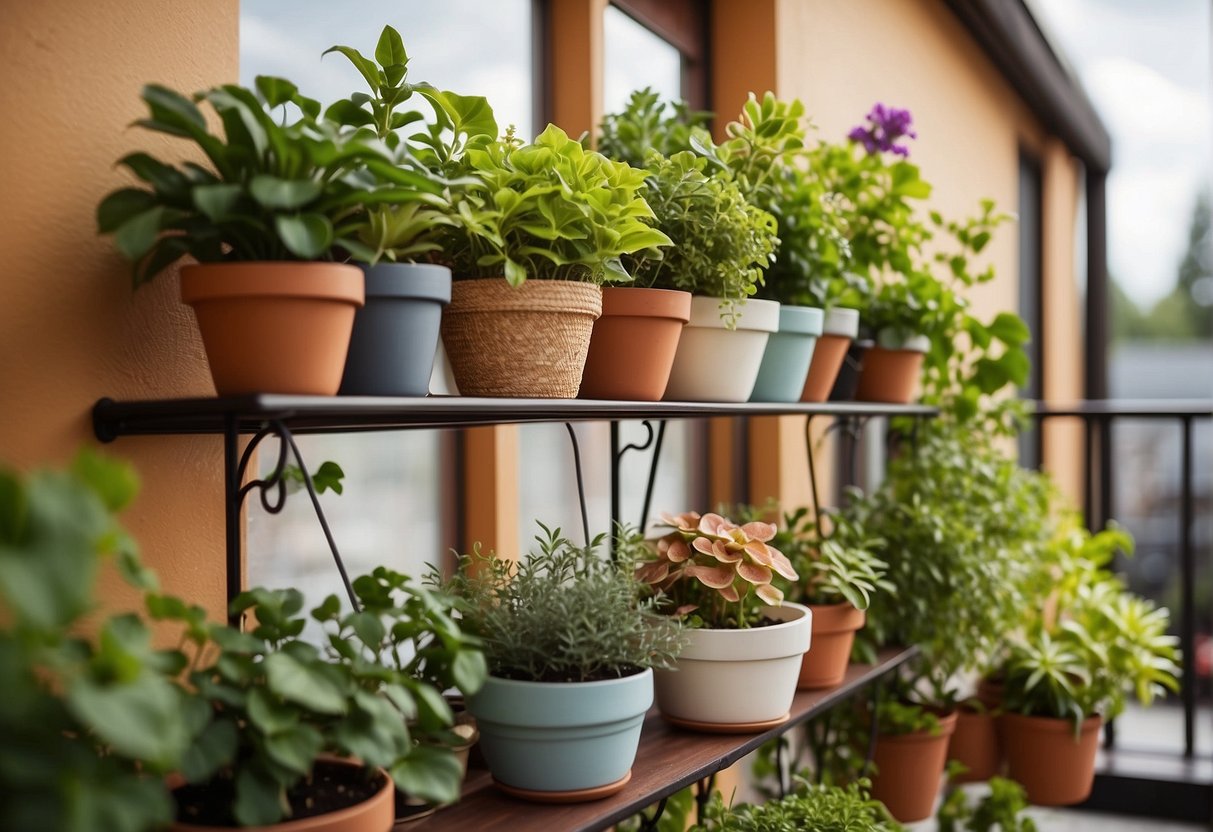 A variety of potted plants and hanging baskets add color to the balcony garden, with shelves and hooks for utility