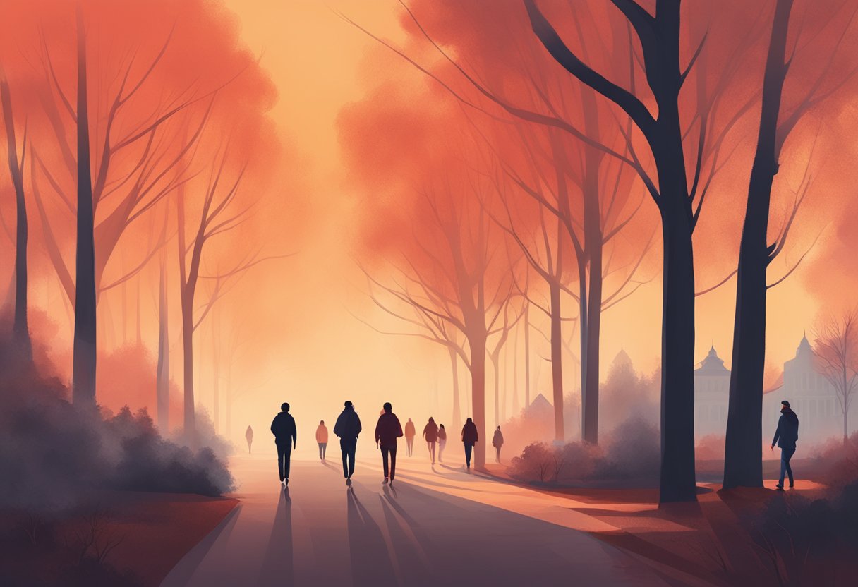 Students in masks walk through smoky campus, passing burnt trees and red skies