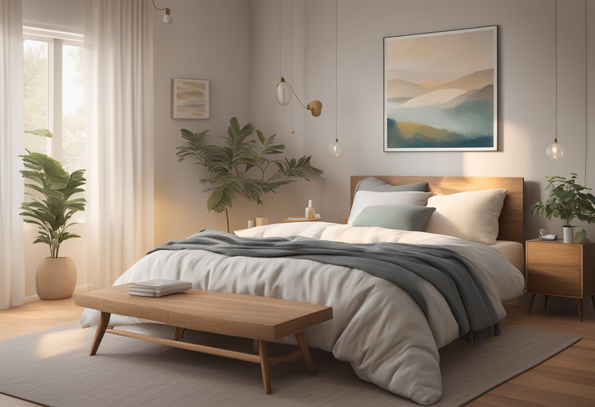 A serene bedroom with soft, dim lighting, a cozy bed with fresh linens, and a calming aroma diffuser