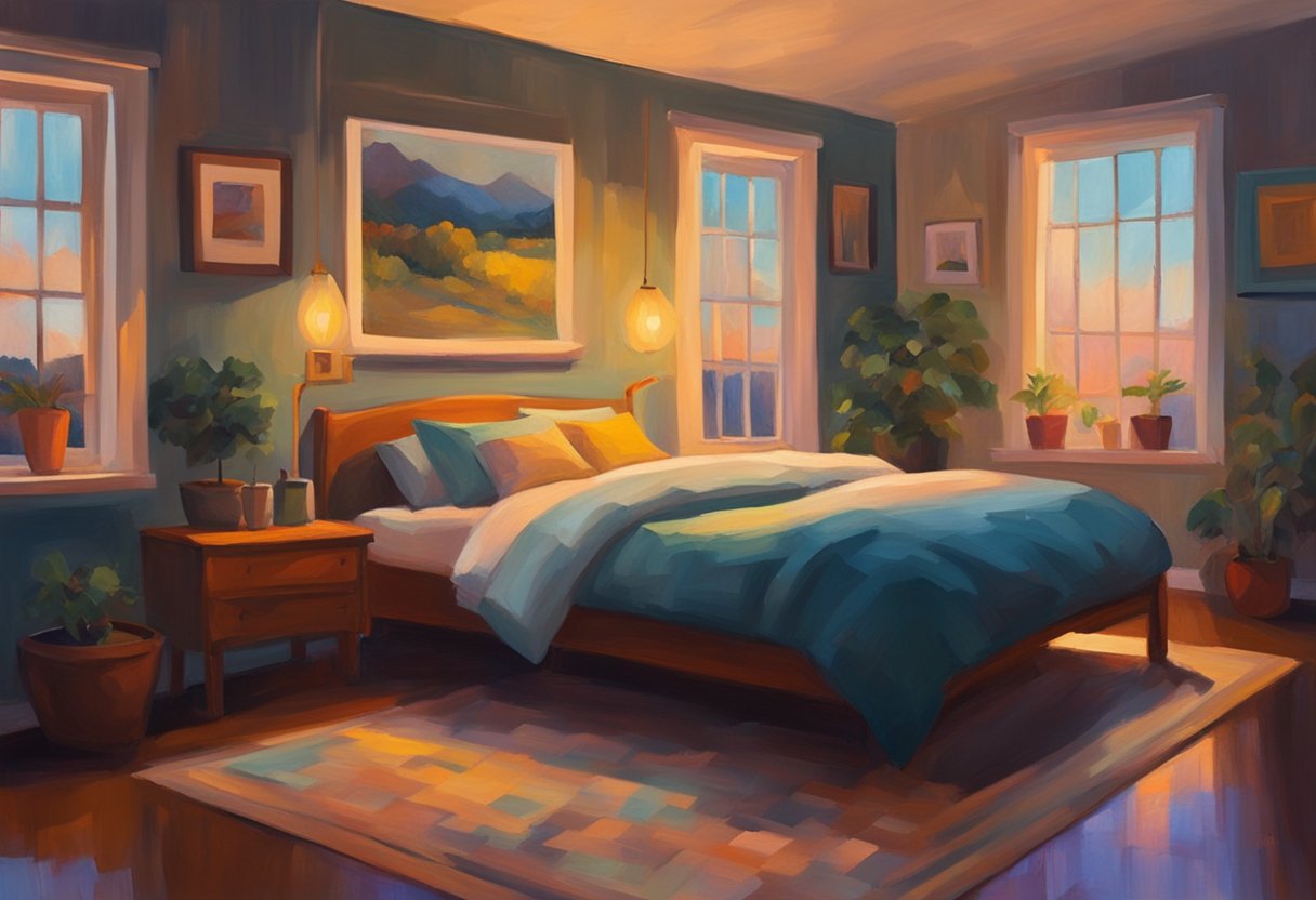 A cozy bedroom with dim lighting, a neatly made bed, and soothing decor. A calming aroma fills the air, and soft music plays in the background