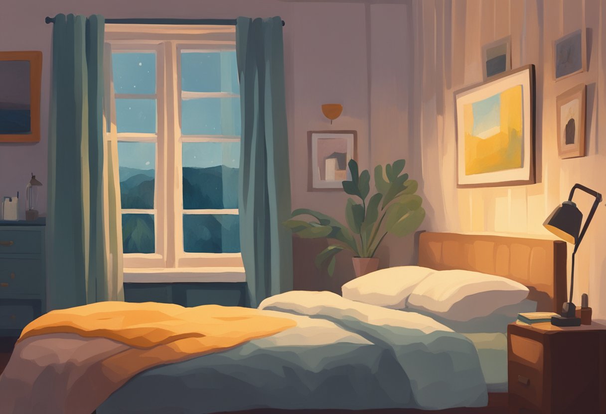 A cozy bedroom with calming colors, a comfortable bed, and a dimly lit bedside table with a book on sleep hygiene and a glass of water
