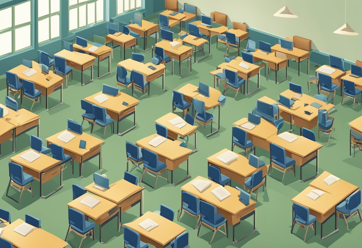 A classroom filled with empty desks and chairs as the retirement of teachers has not occurred
