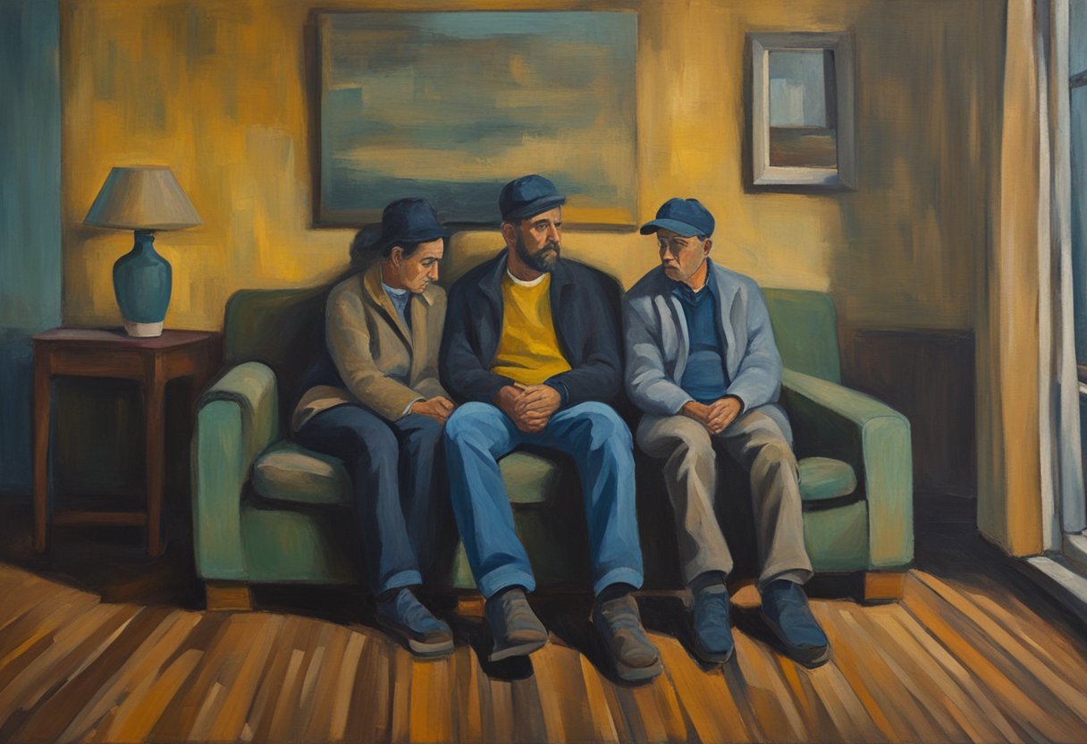 A couple sits apart on a worn couch. One looks exhausted, while the other gazes with concern. The room is dimly lit, creating a somber atmosphere