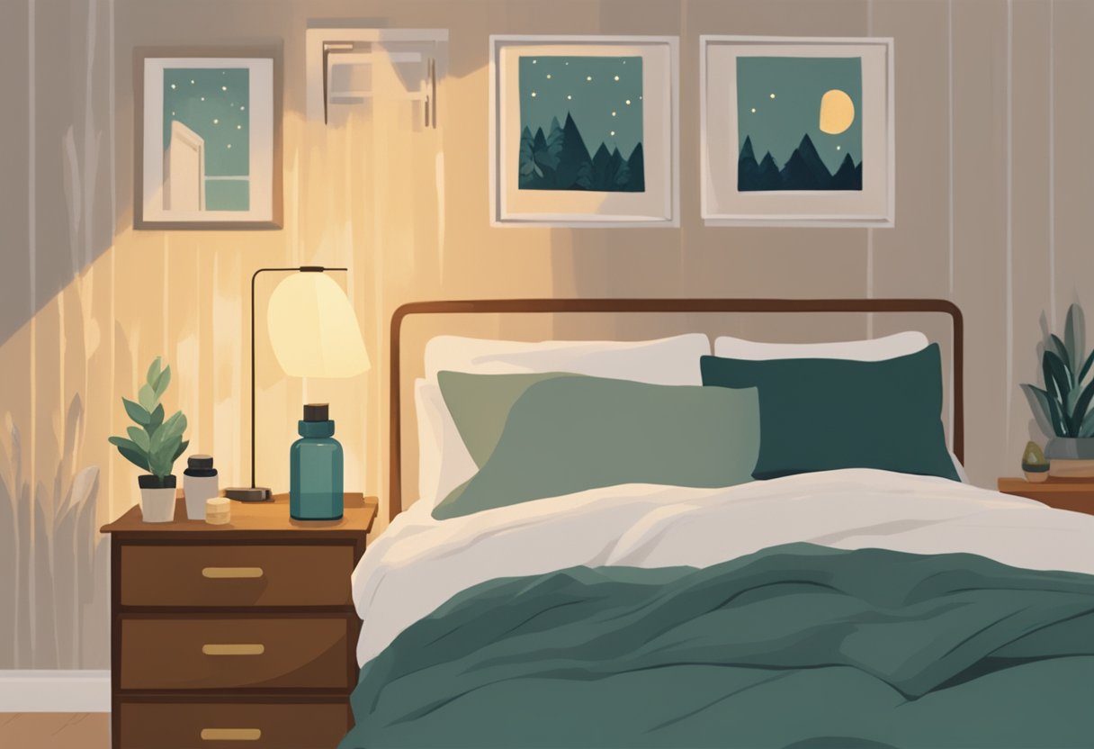 A cozy bedroom with dim lighting, a comfortable bed, and a soothing bedtime routine. A journal and calming essential oils on the nightstand
