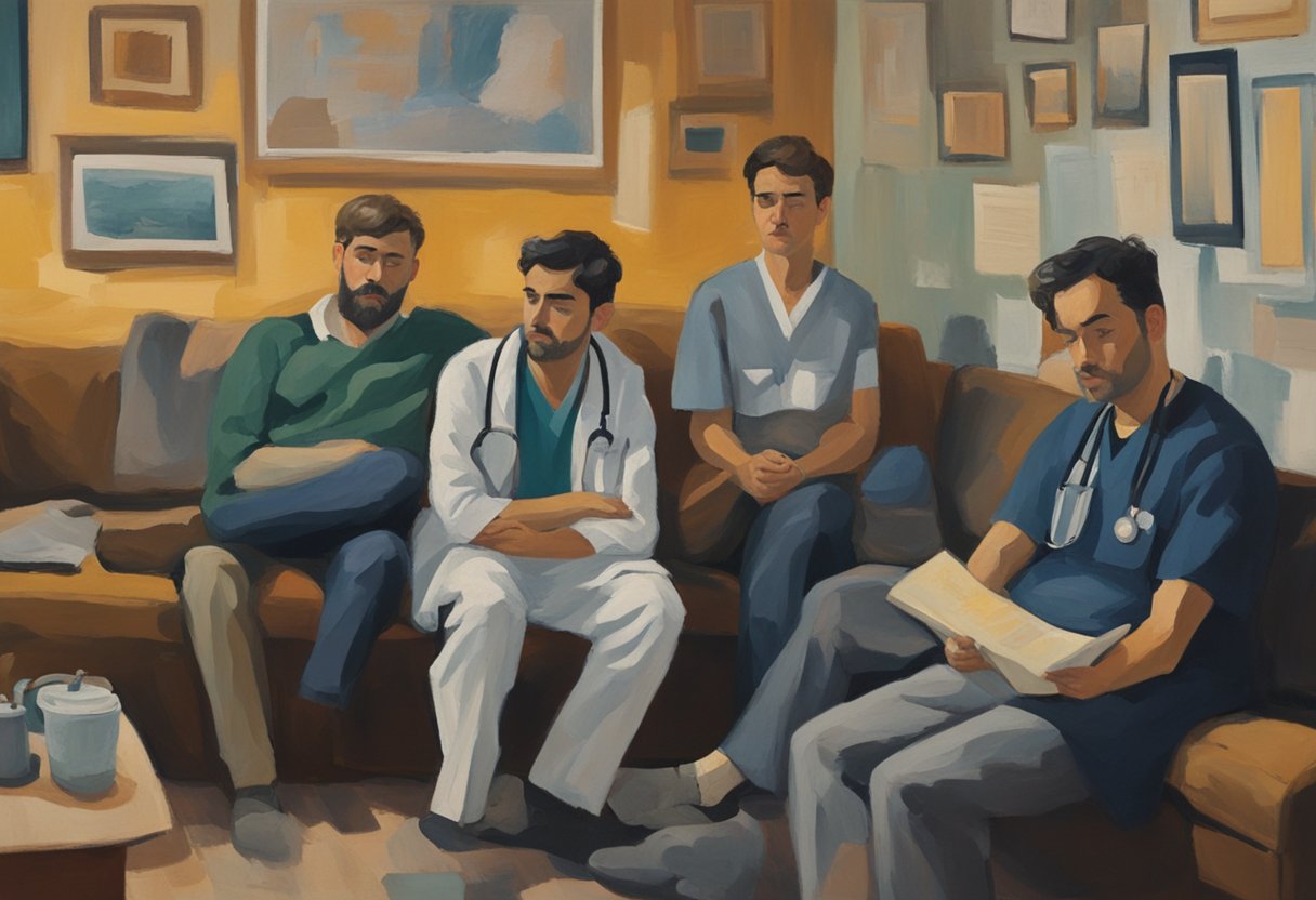 A person sitting on a couch, surrounded by supportive friends and family, looking tired but determined. A calendar on the wall shows upcoming doctor appointments