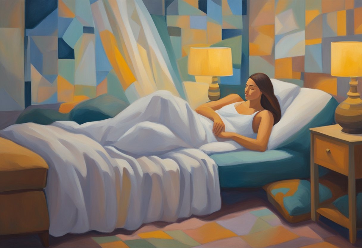 A serene figure rests, surrounded by soft pillows and warm blankets. A gentle glow fills the room, offering comfort and relief