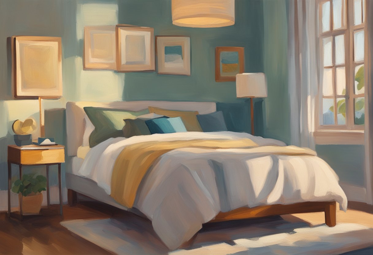 A serene bedroom with soft lighting, calming colors, and a cozy bed. A journal and soothing music player on a nightstand