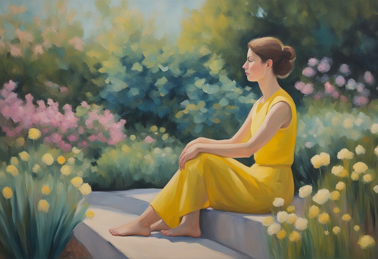 A serene figure sits in a peaceful garden, surrounded by soothing colors and gentle sounds. They are engaged in deep breathing exercises, with a sense of calm and relief emanating from their posture
