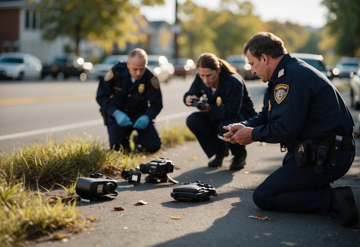 Investigators photographing accident scene, collecting physical evidence, and documenting injuries for personal injury lawsuit