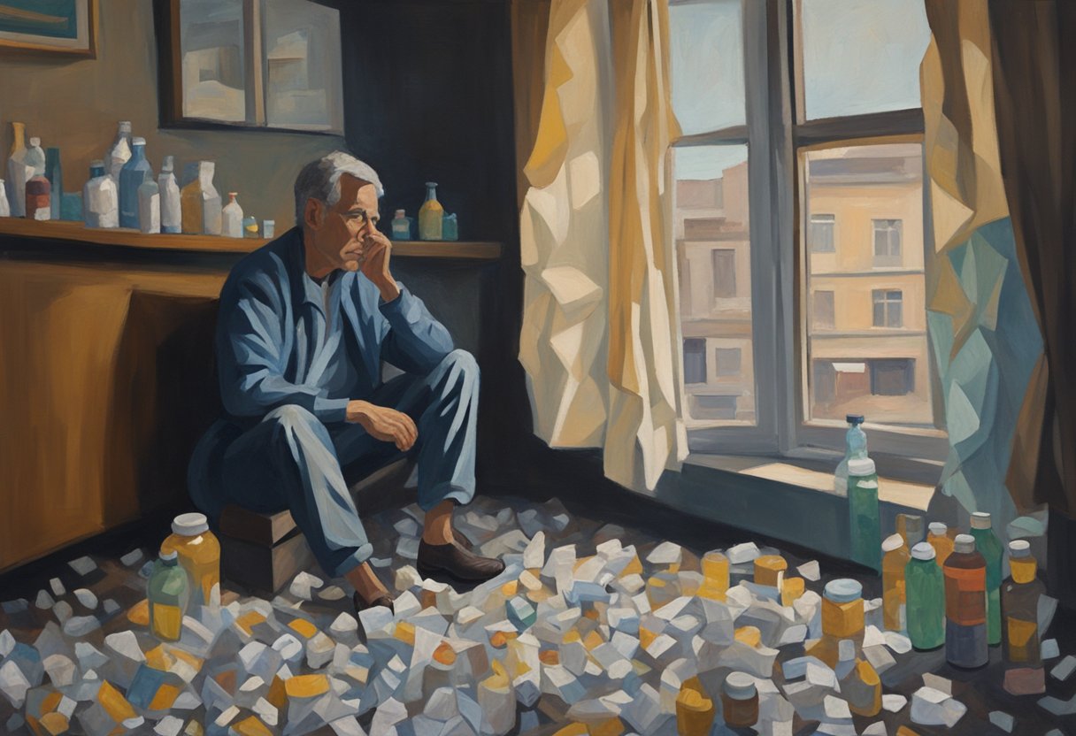 A person sitting alone in a dimly lit room, surrounded by crumpled tissues and empty pill bottles. A weary expression on their face as they stare out the window, lost in thought