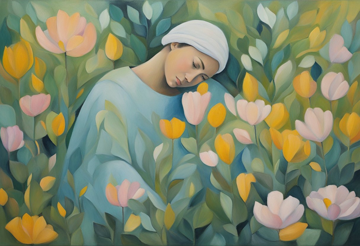 A serene figure surrounded by calming elements, symbolizing relief from fatigue and strengthened relationships for a cancer survivor