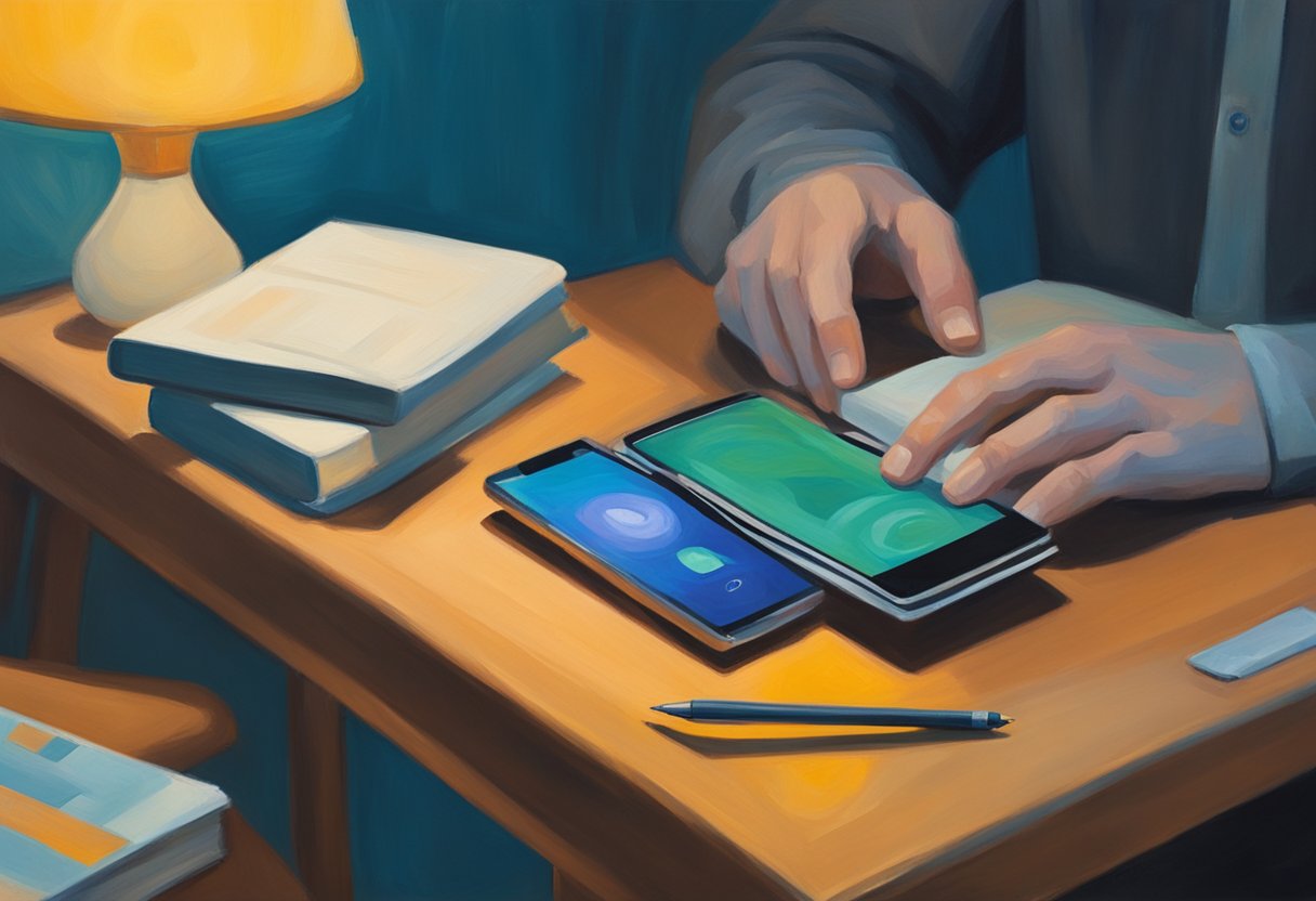 A person's hand reaching for a smartphone on a bedside table, with a book on sleep hygiene and a laptop open to a professional help website