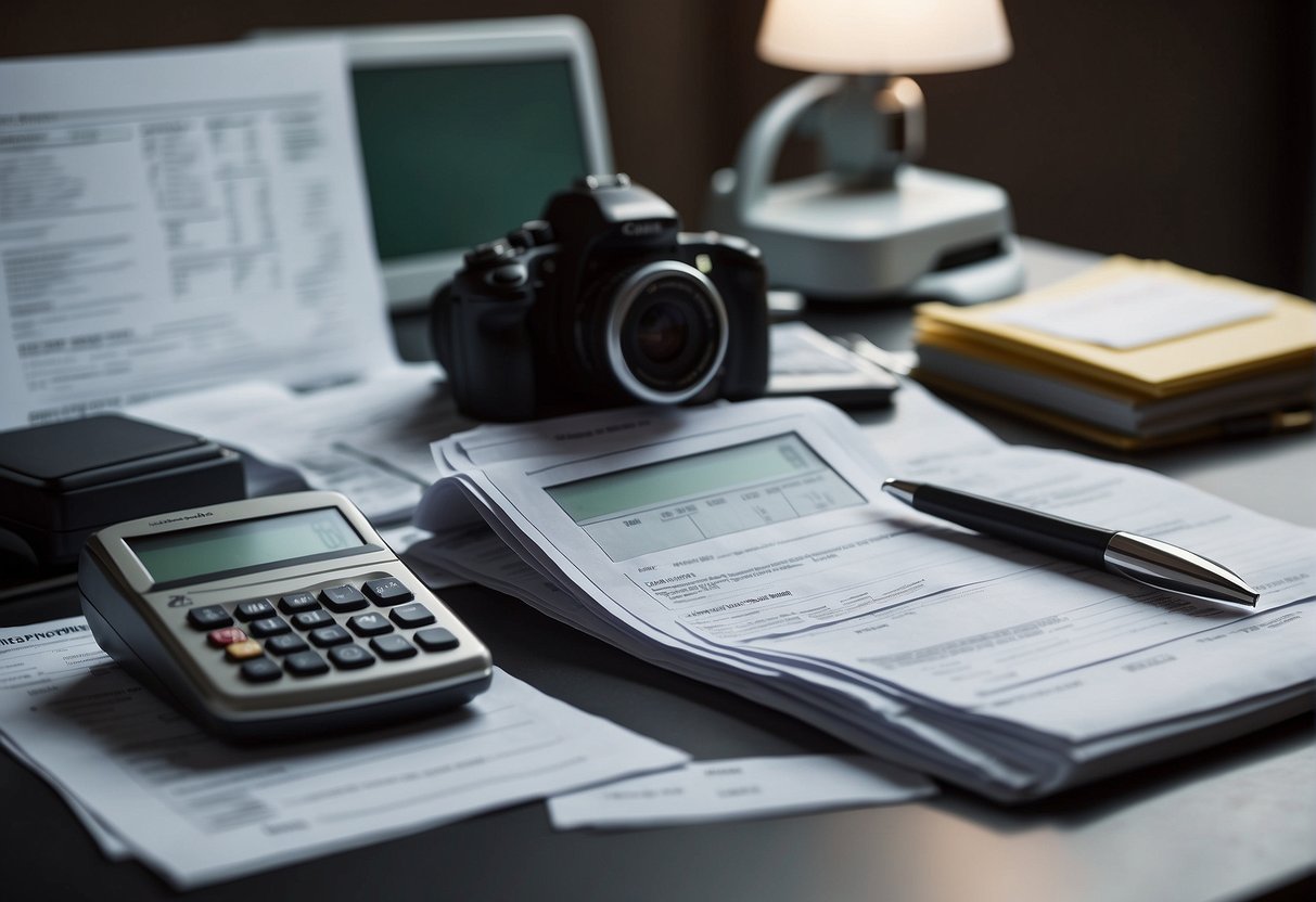 A table covered with medical documents, receipts, and invoices. A scale for weighing evidence, a camera for photographing items, and a ruler for measuring