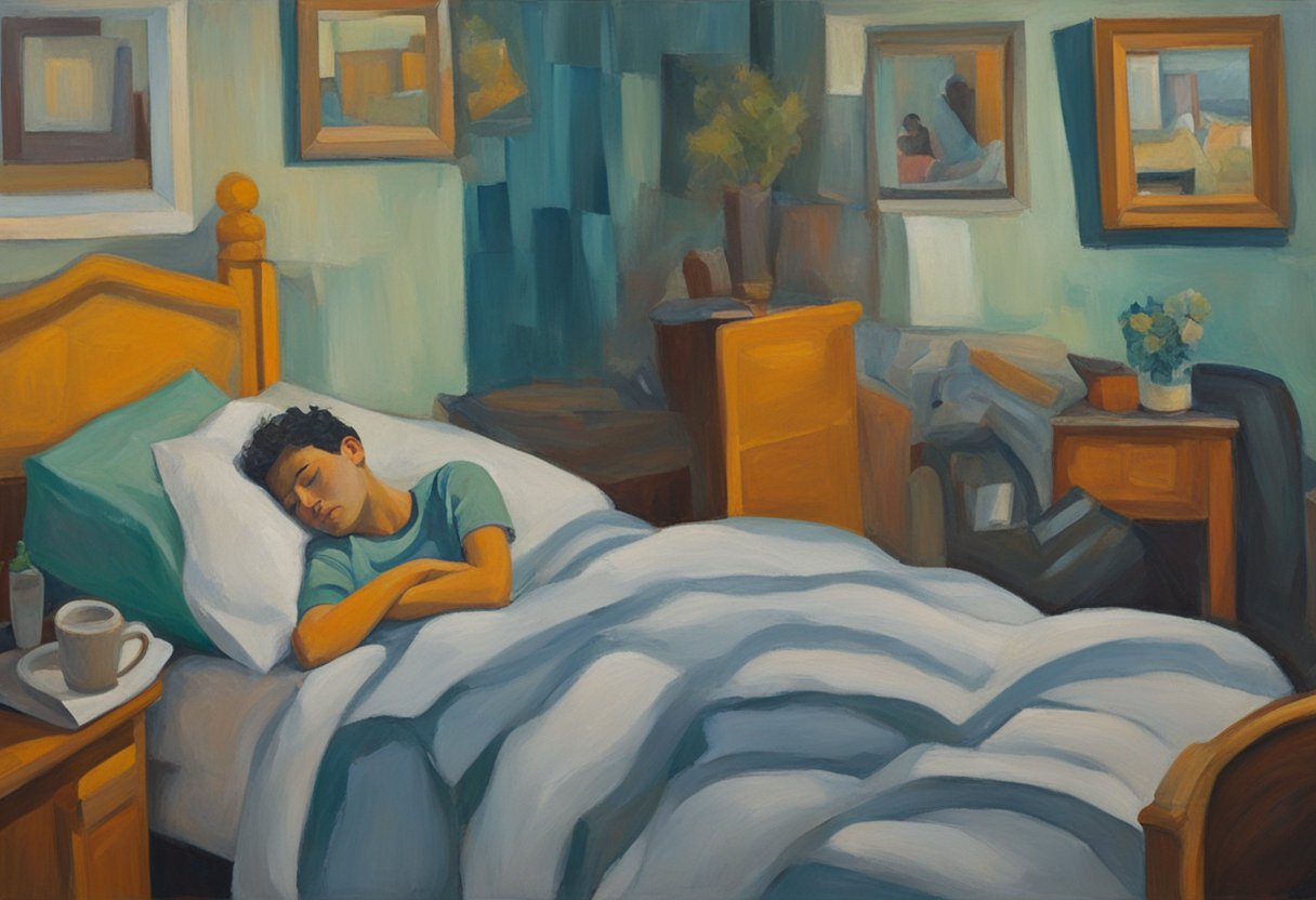 A person in bed, surrounded by supportive friends and family. A sense of exhaustion, but also resilience and hope