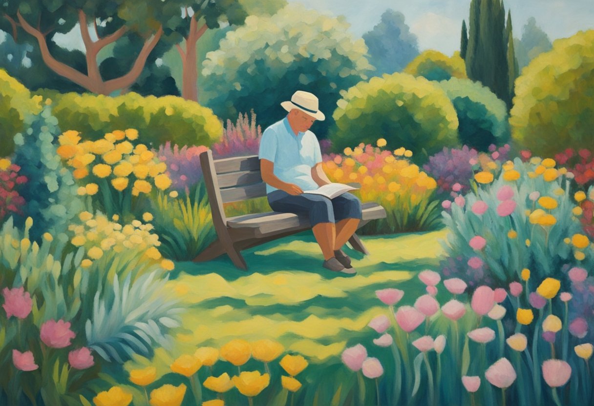 A person rests in a peaceful garden, surrounded by supportive friends and family. They engage in activities that bring them joy and help manage their pain, promoting their psychological well-being as a cancer thriver