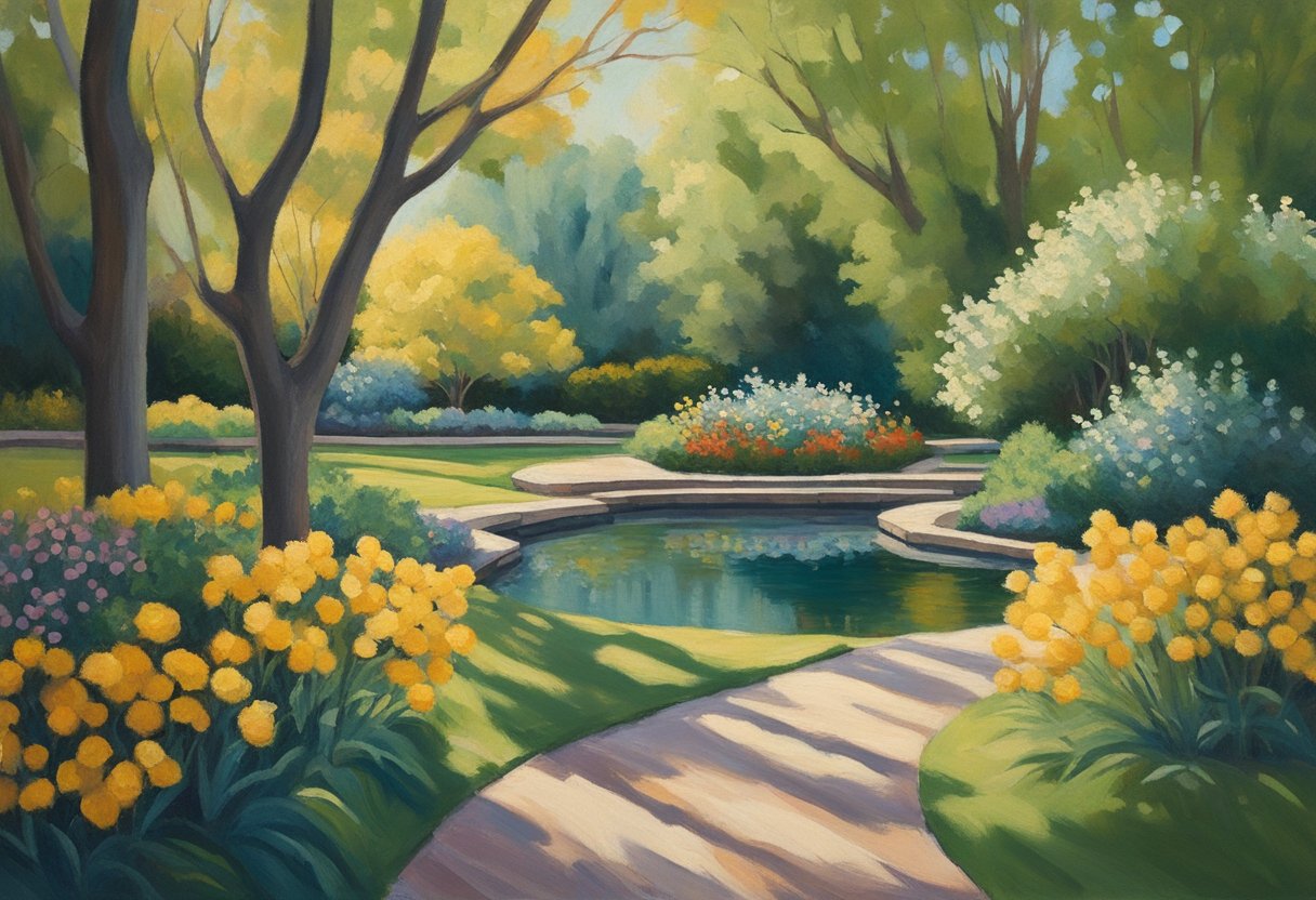 A peaceful garden with a winding path, blooming flowers, and a serene pond. Sunlight filters through the trees, creating dappled patterns on the ground