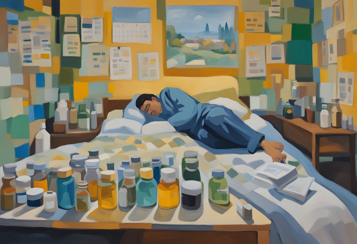 A person rests in bed, surrounded by medication bottles and a journal. A calendar on the wall shows daily appointments
