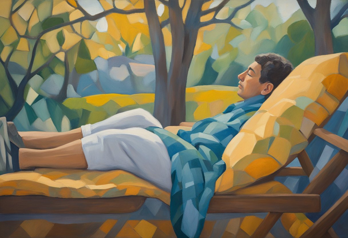 A person rests in a peaceful setting, surrounded by comforting elements like soft pillows and warm blankets. A serene expression on their face reflects a sense of relief and contentment, as they focus on managing their fatigue and pain while thriving through their battle with cancer