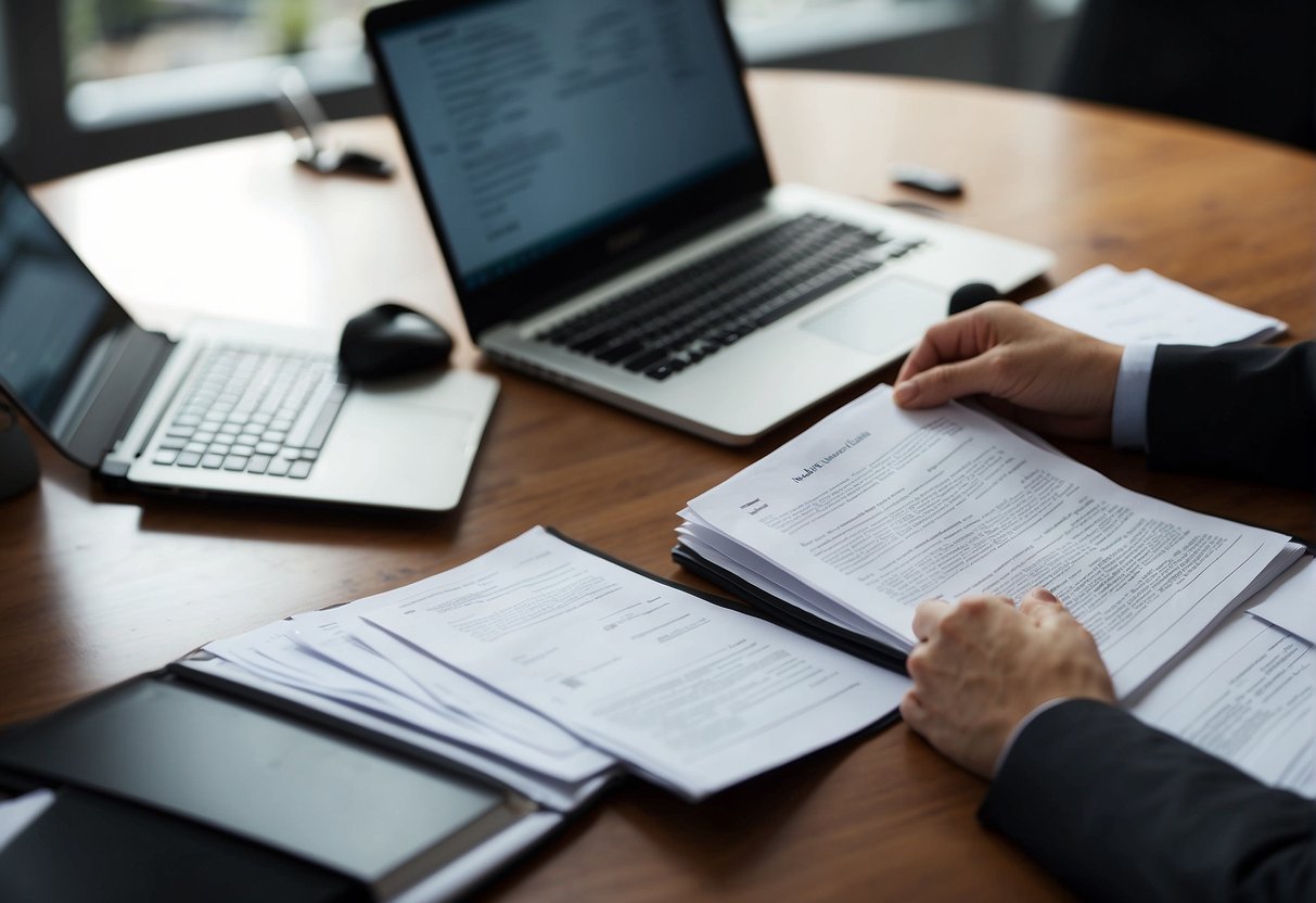 A lawyer reviewing case files and taking notes, surrounded by legal documents and a laptop, preparing for depositions in a personal injury lawsuit