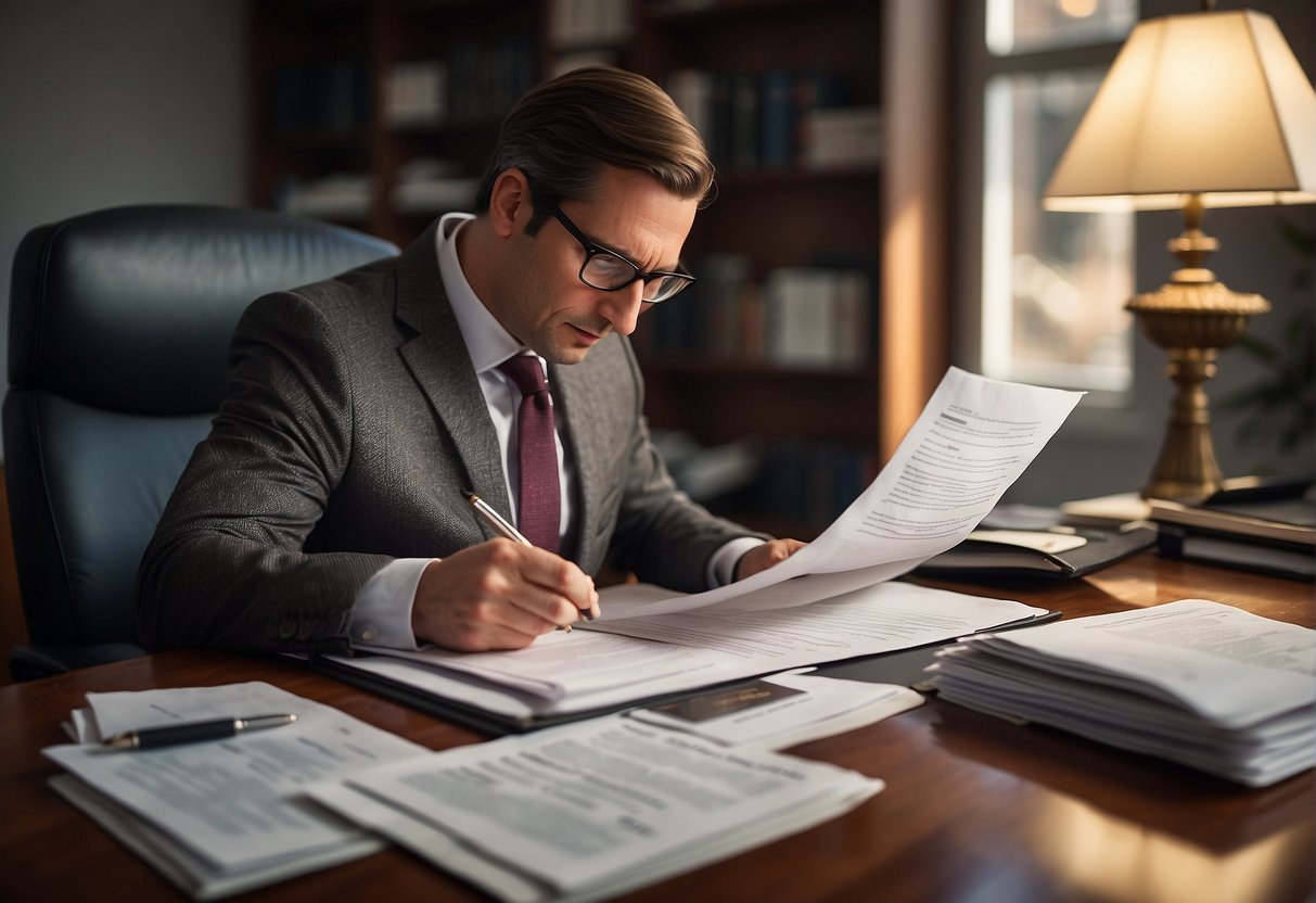 A plaintiff sits at a desk, reviewing legal documents and notes. They appear focused and determined, with a stack of papers and a laptop nearby