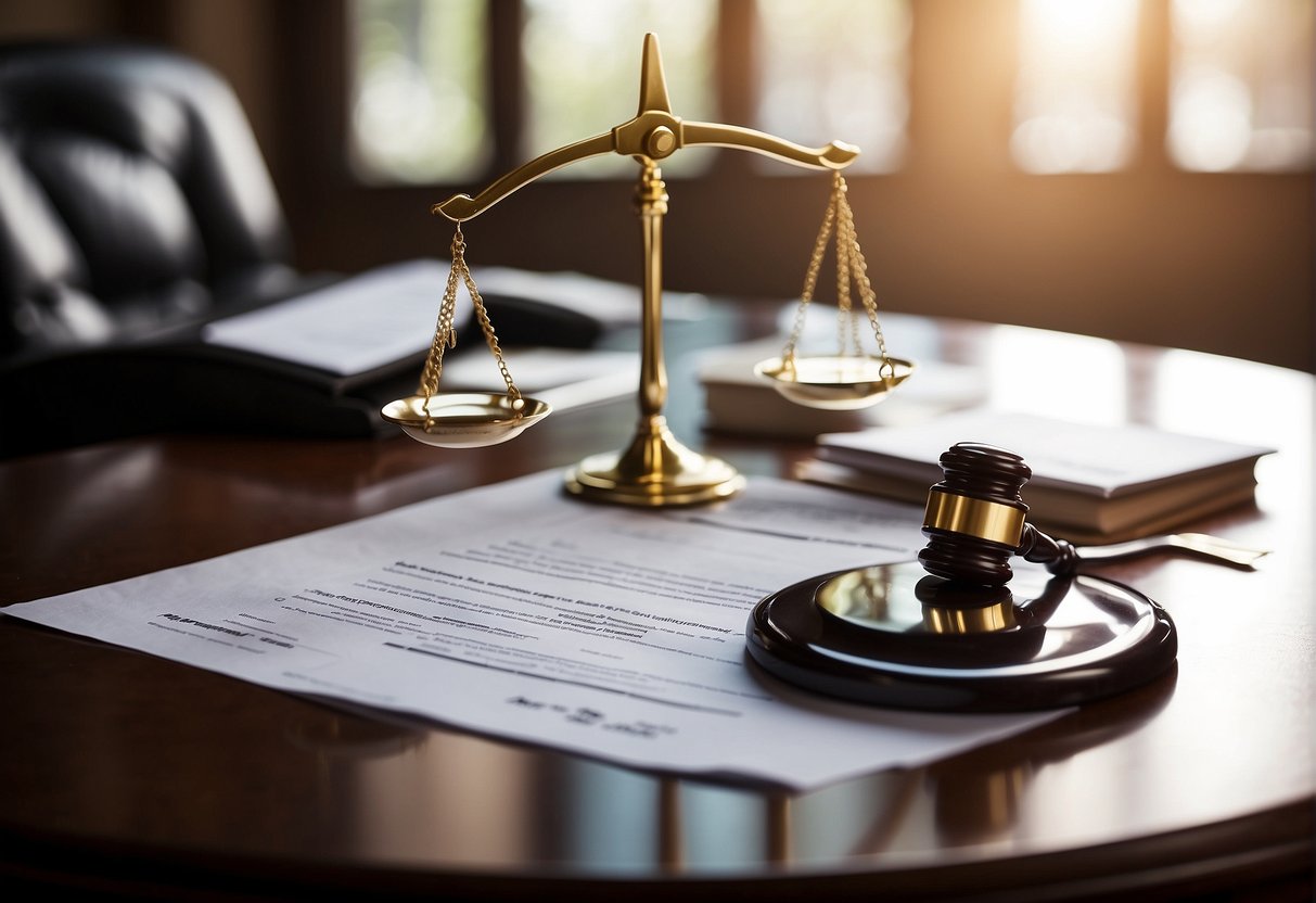 A table with legal documents, a scale representing balance, and a handshake symbolizing agreement