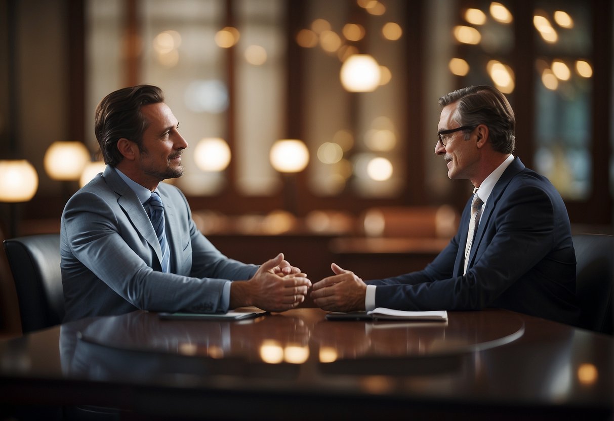 A lawyer and a client sit across from each other at a table, discussing terms and reaching an agreement on a personal injury settlement