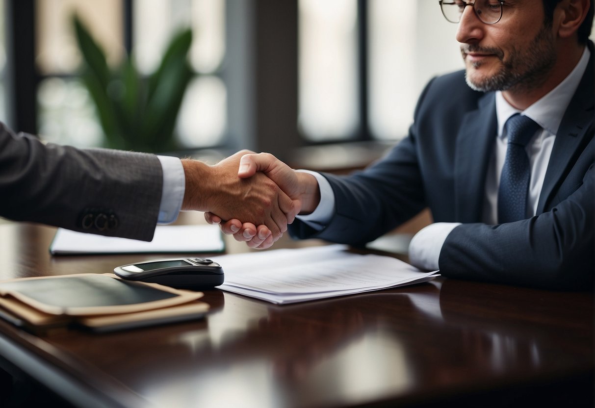 Two lawyers shaking hands, papers on the table, discussing settlement terms in a law office