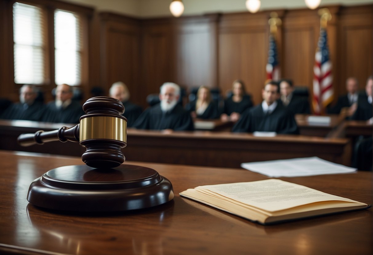 A courtroom with a judge presiding over a personal injury trial, lawyers presenting evidence, and a jury listening attentively